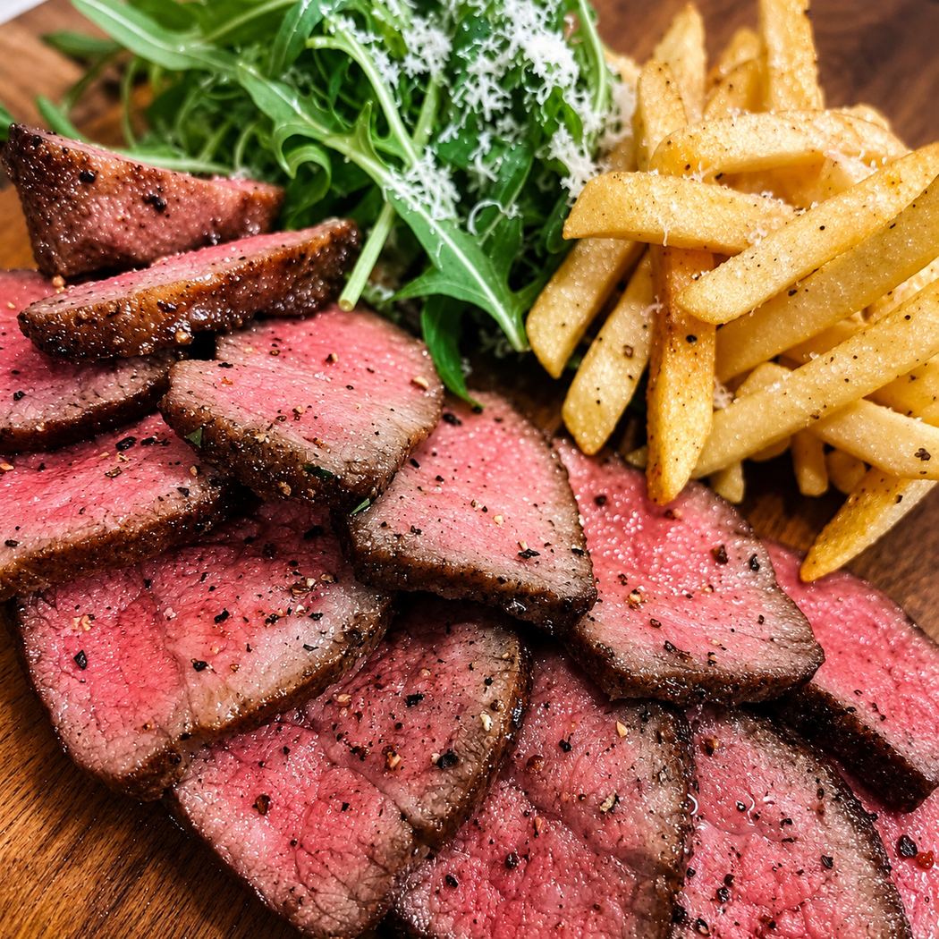 Fettine di bistecca al sangue con patatine fritte e verdure su un piatto