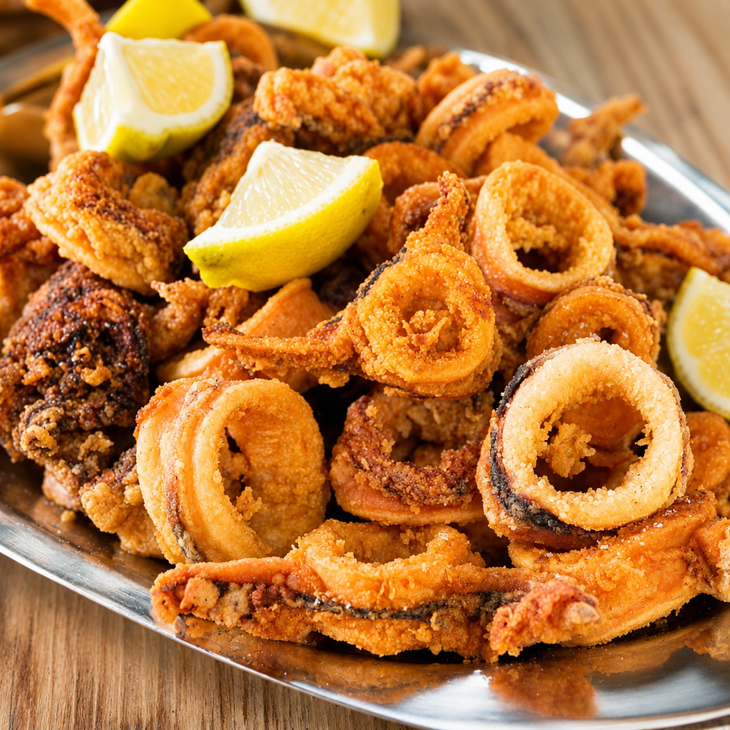 Piatto di anelli di calamari fritti croccanti con spicchi di limone su un tavolo di legno.