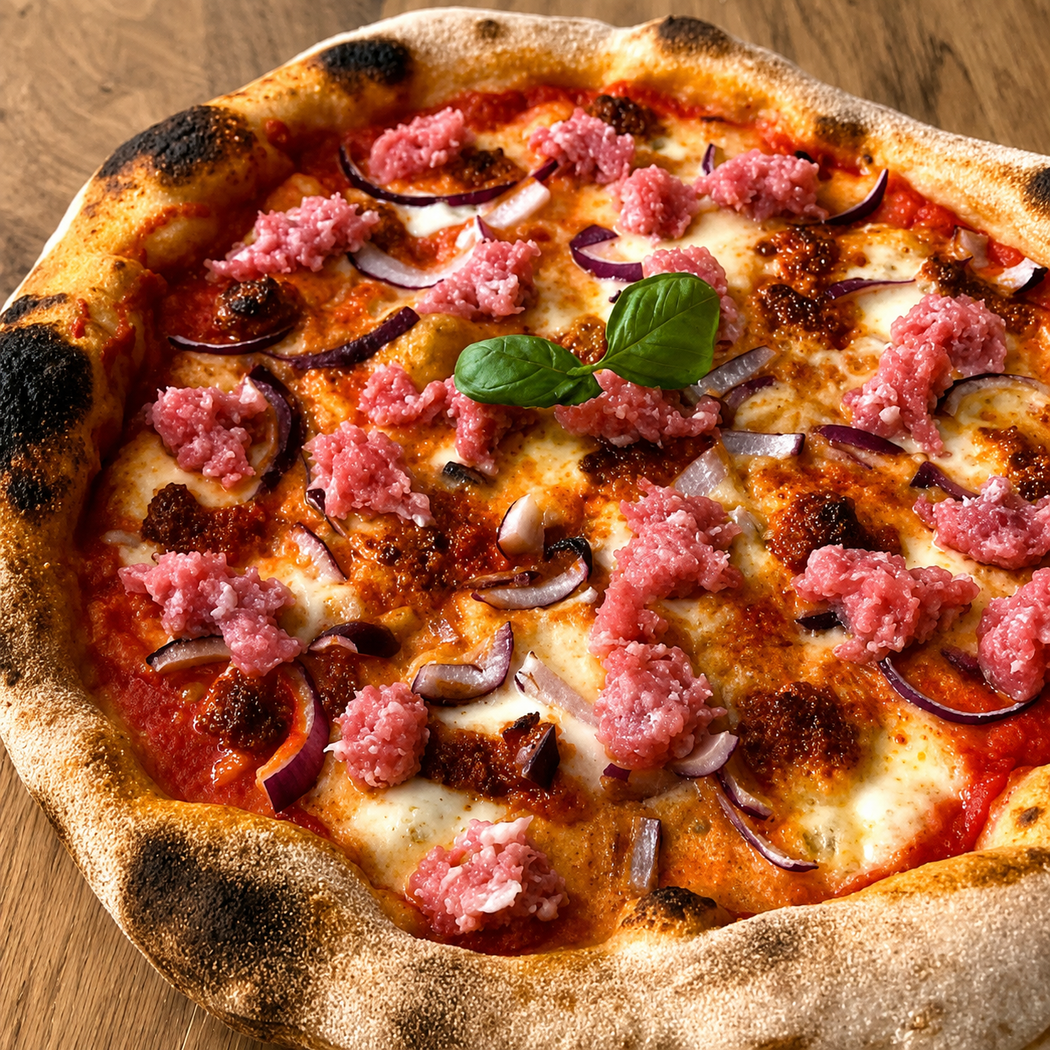 Pizza cotta nel forno a legna condita con salsiccia, salsa di pomodoro e foglie di basilico.
