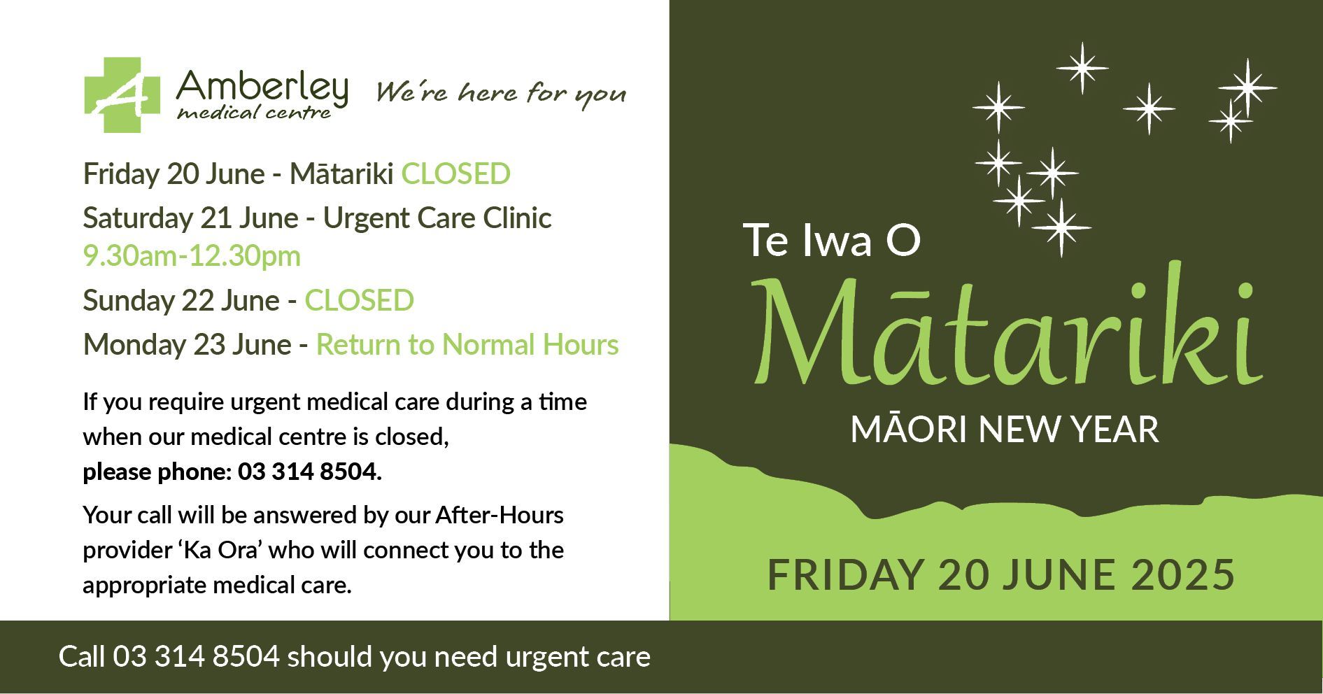 Matariki Urgent Care Hours