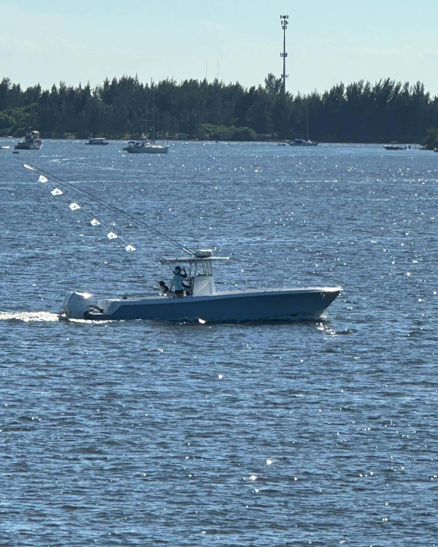 A boat is floating on a large body of water