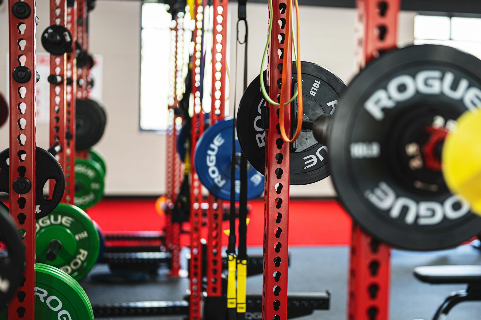 Rogue weight plates on a red gym rack in a weightlifting room