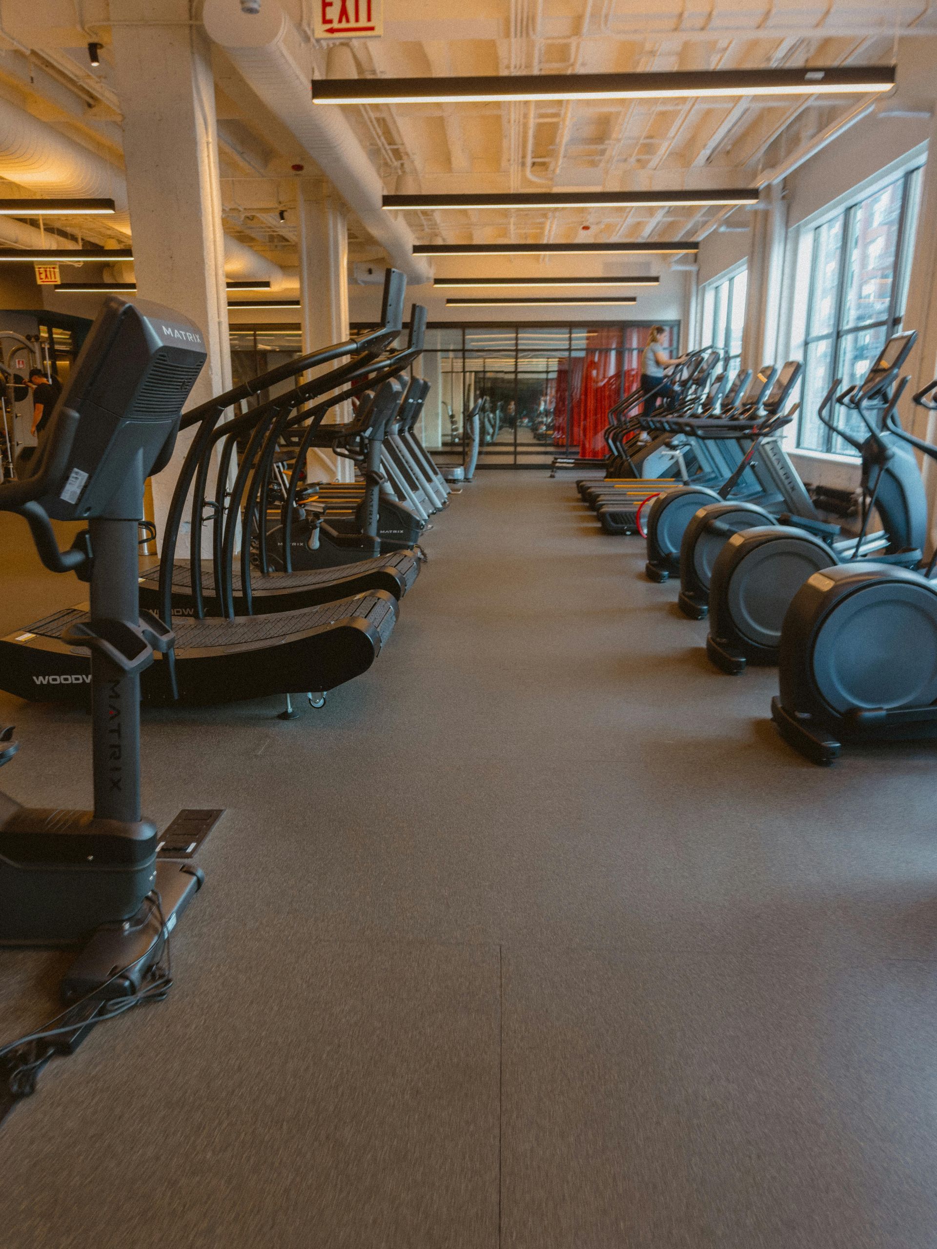 Empty gym interior with rows of cardio machines and a bright windowed wall