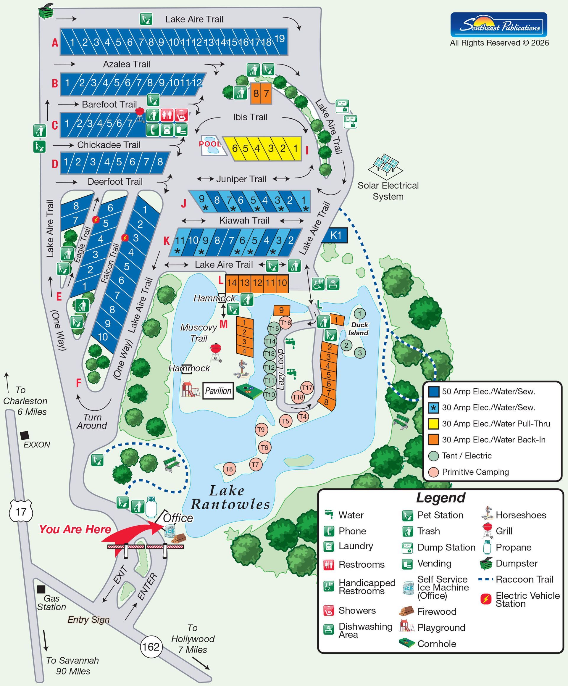 Map of a park with campsites, lake, recreational areas, and roads. A legend is in the lower right.