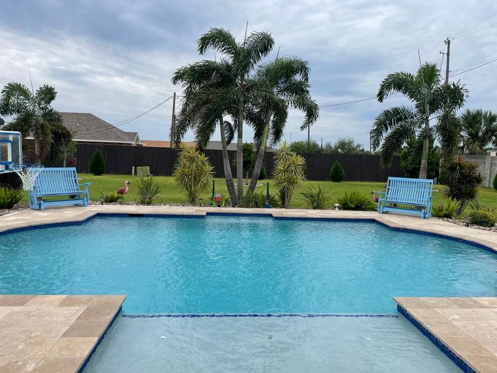 A large swimming pool with palm trees in the background