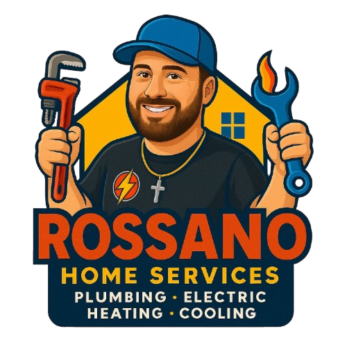 Rossano Home Services logo: Man holding tools, smiling, with house outline; text "Plumbing, Electric, Heating, Cooling."