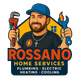 Rossano Home Services logo: Man holding tools, smiling, with house outline; text "Plumbing, Electric, Heating, Cooling."