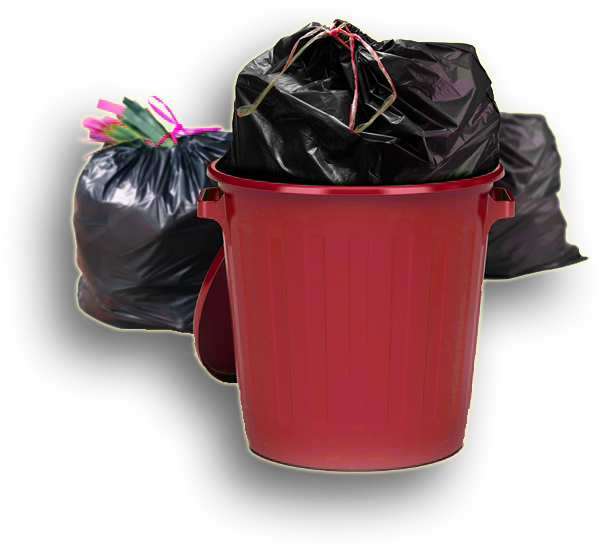 A red trash can filled with black garbage bags