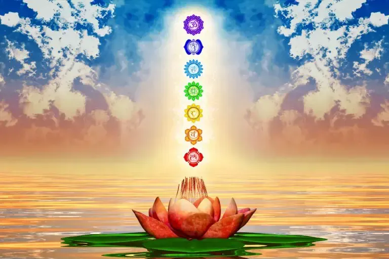 a lotus flower is floating in the water with a rainbow of chakras coming out of it .