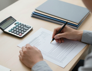 Professional completing tax forms at a tidy desk