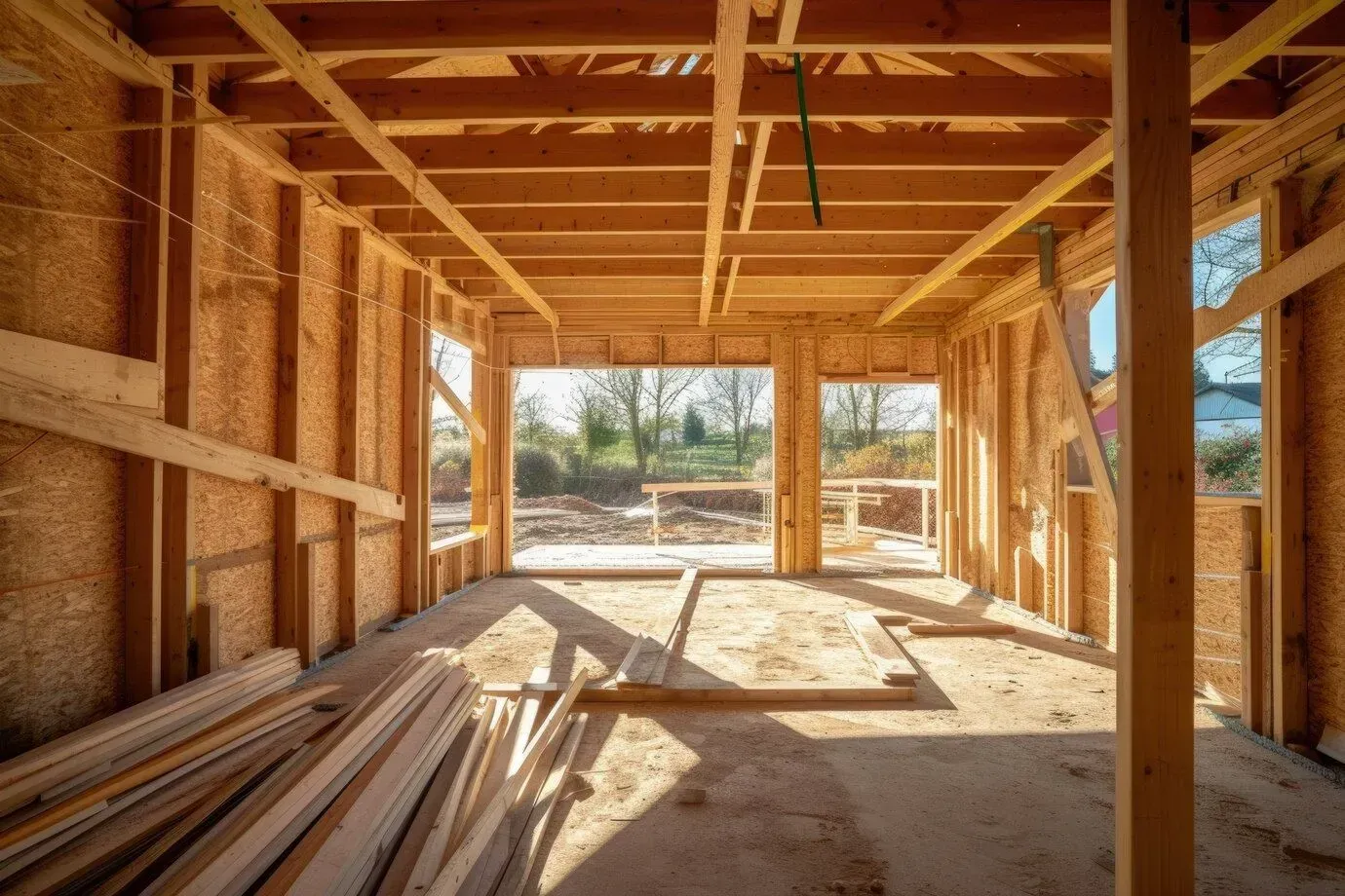 The inside of a house under construction with wooden beams in San Jose, CA