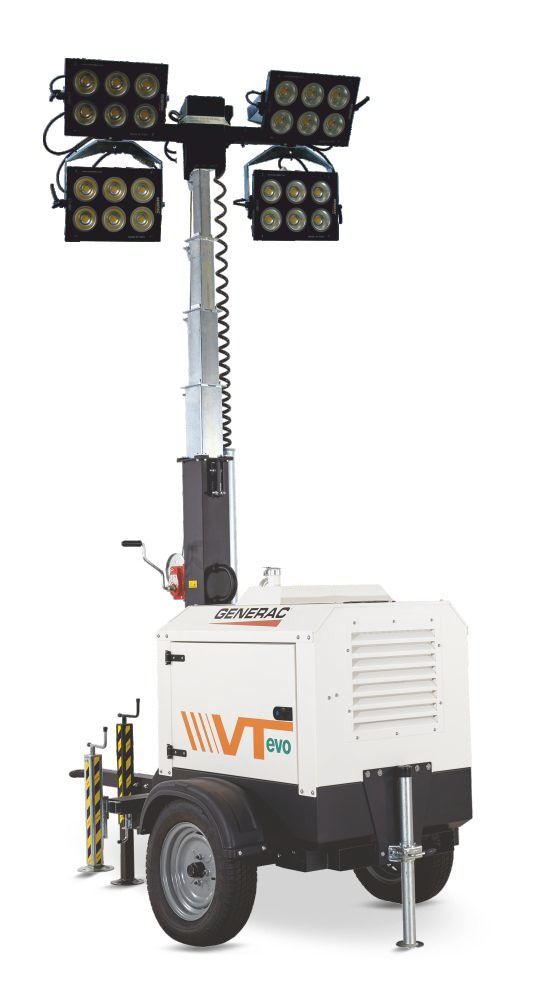 Una torre luminosa portatile a luce bianca su ruote con quattro proiettori LED regolabili montati su un palo telescopico.