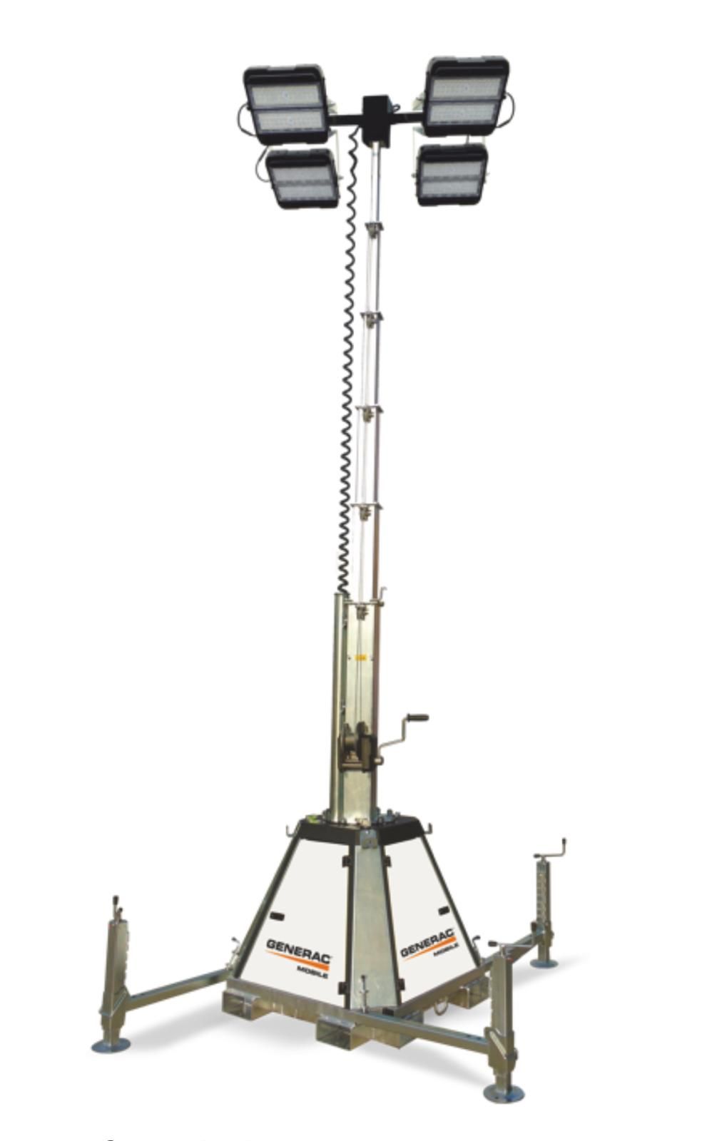 Una torre luminosa a LED portatile con base dotata di gambe estensibili e un alto palo retrattile sormontato da quattro pannelli luminosi.