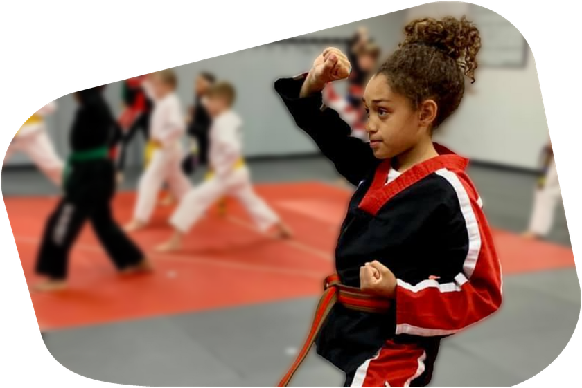 a young girl is practicing martial arts in a gym