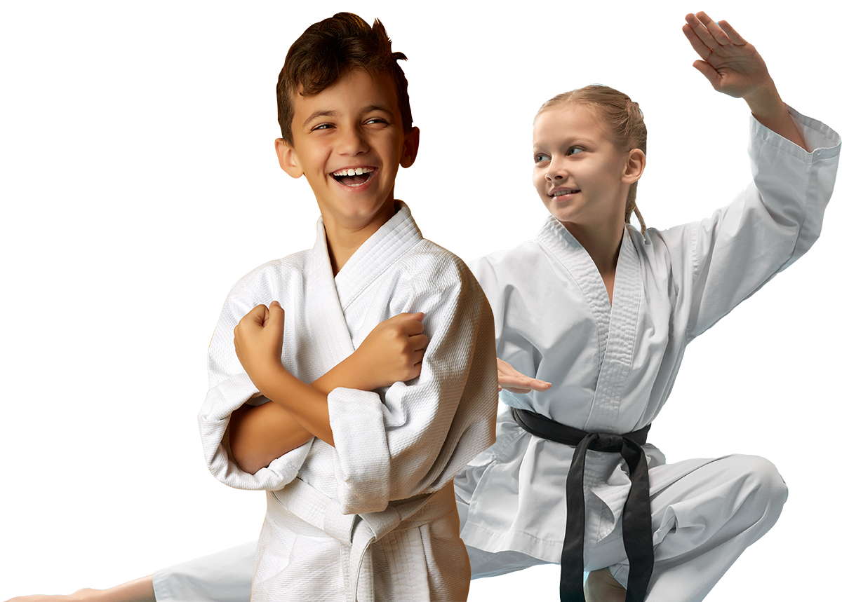 a boy and a girl in karate uniforms are posing for a picture
