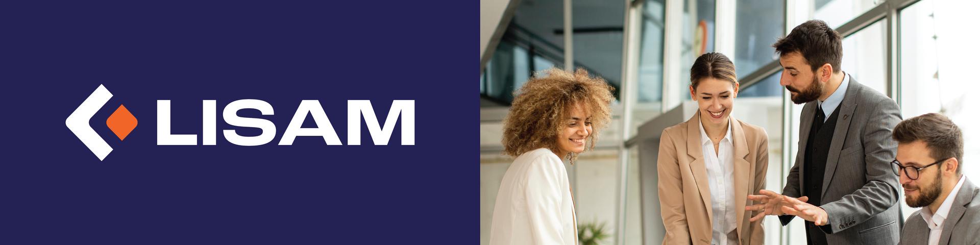 Lisam logo with four business people smiling, one man leading a discussion