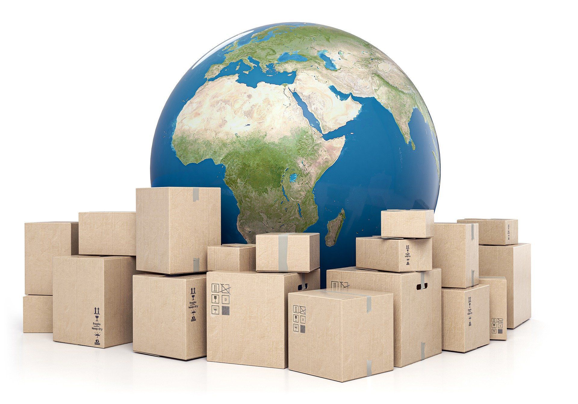 globe surrounded by boxes