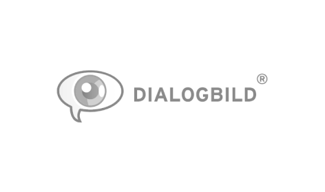 Ein schwarz-weißes Logo für Dialogbild mit einem Auge in einer Sprechblase.