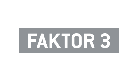 Das Wort Faktor 3 steht in weißer Schrift auf grauem Hintergrund.