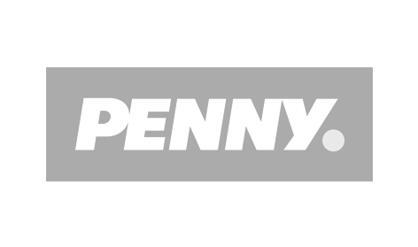 Ein Penny-Logo in einem grauen Feld auf weißem Hintergrund.