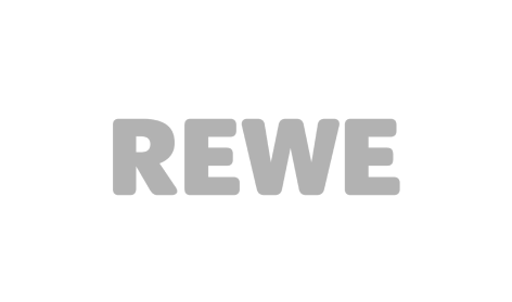 Ein schwarz-weißes Logo von Rewe auf weißem Hintergrund.