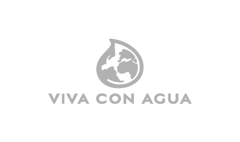 Ein Logo für Viva con Agua mit einem Wassertropfen und einem Globus.