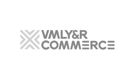 Ein schwarzweißes Logo für vmly & r Commerce auf weißem Hintergrund.