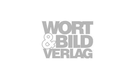 Ein schwarz-weißes Logo des Wort & Bild Verlags auf weißem Hintergrund.