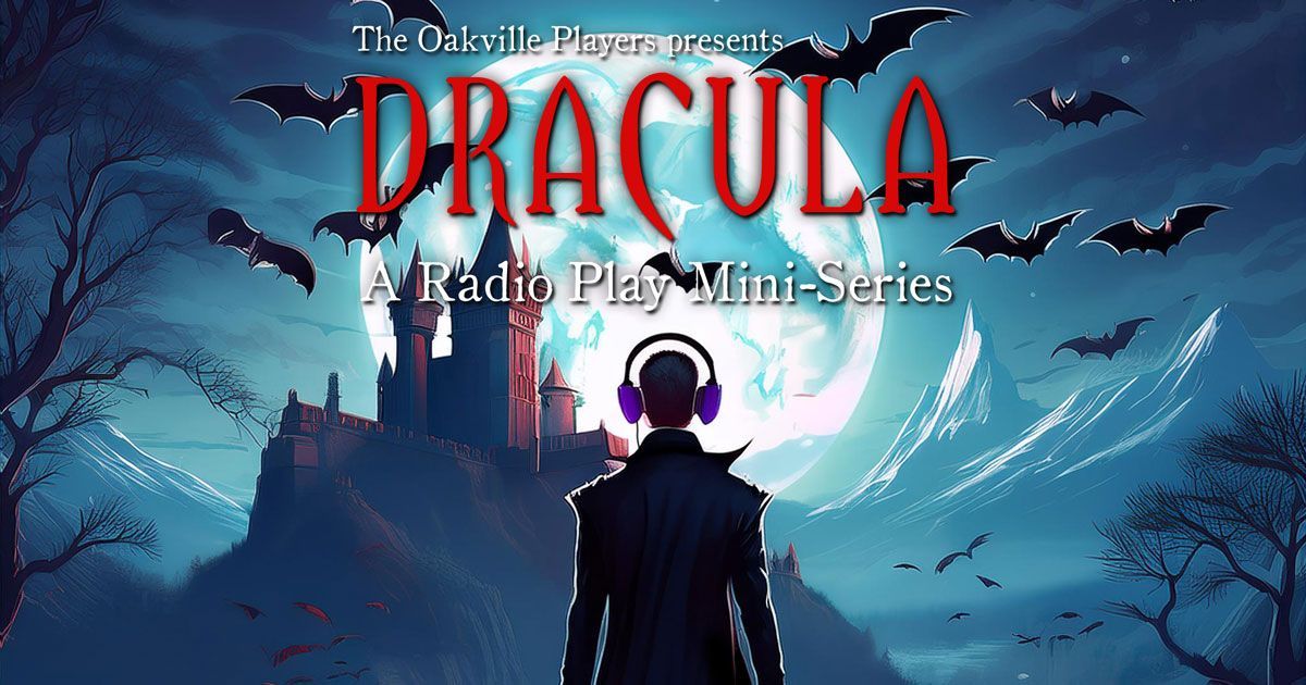 Dracula wearing headphones is standing in front of a castle surrounded by bats.