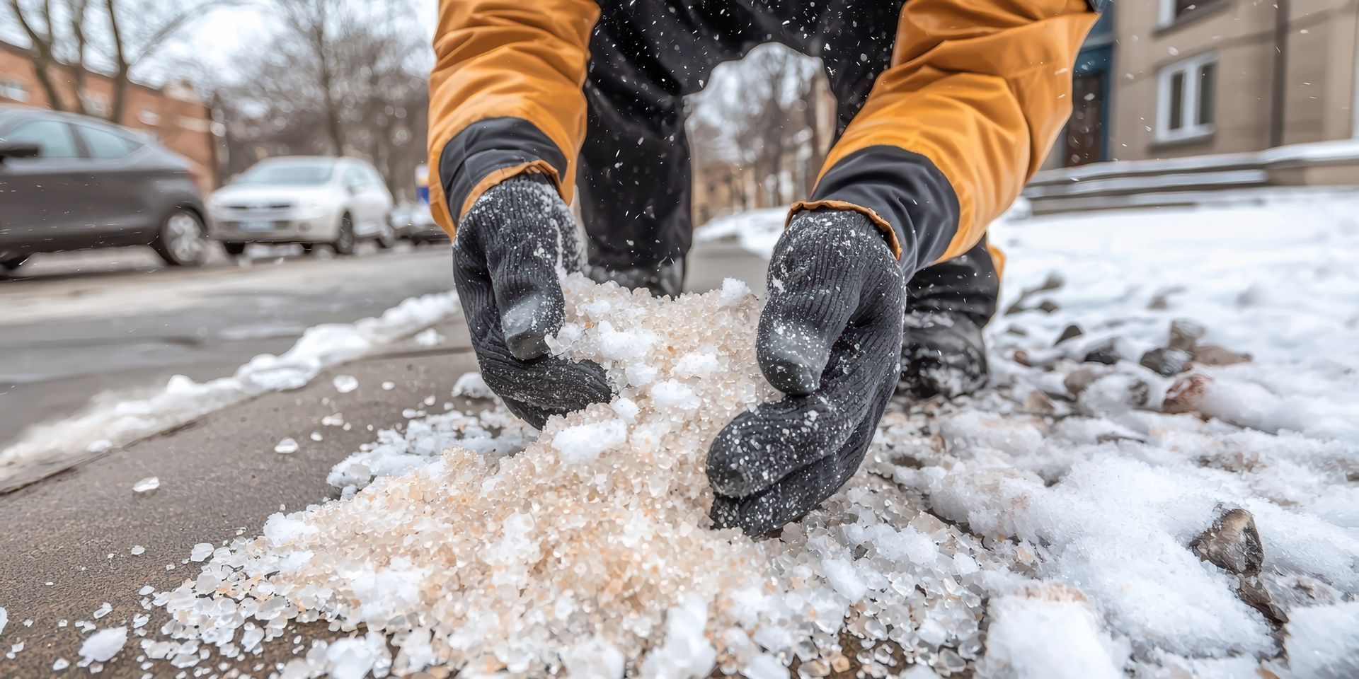A person is spreading salt on the sidewalk.
