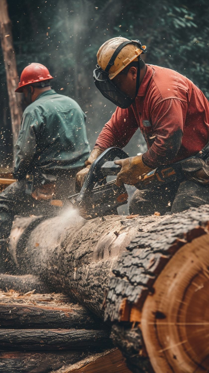 A chainsaw is cutting a tree in the woods.