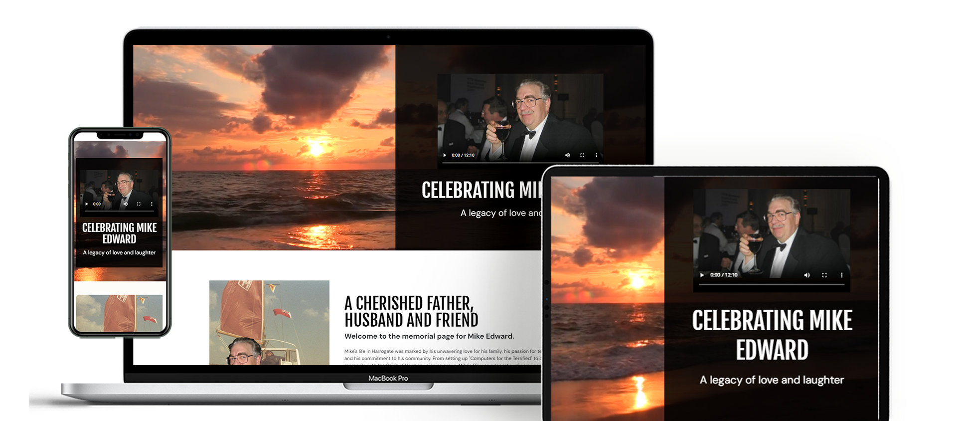 A laptop , tablet , and phone are displaying a website.