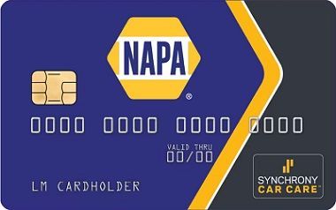 NAPA Auto Parts credit card with gold and blue design, featuring the company logo and a chip.