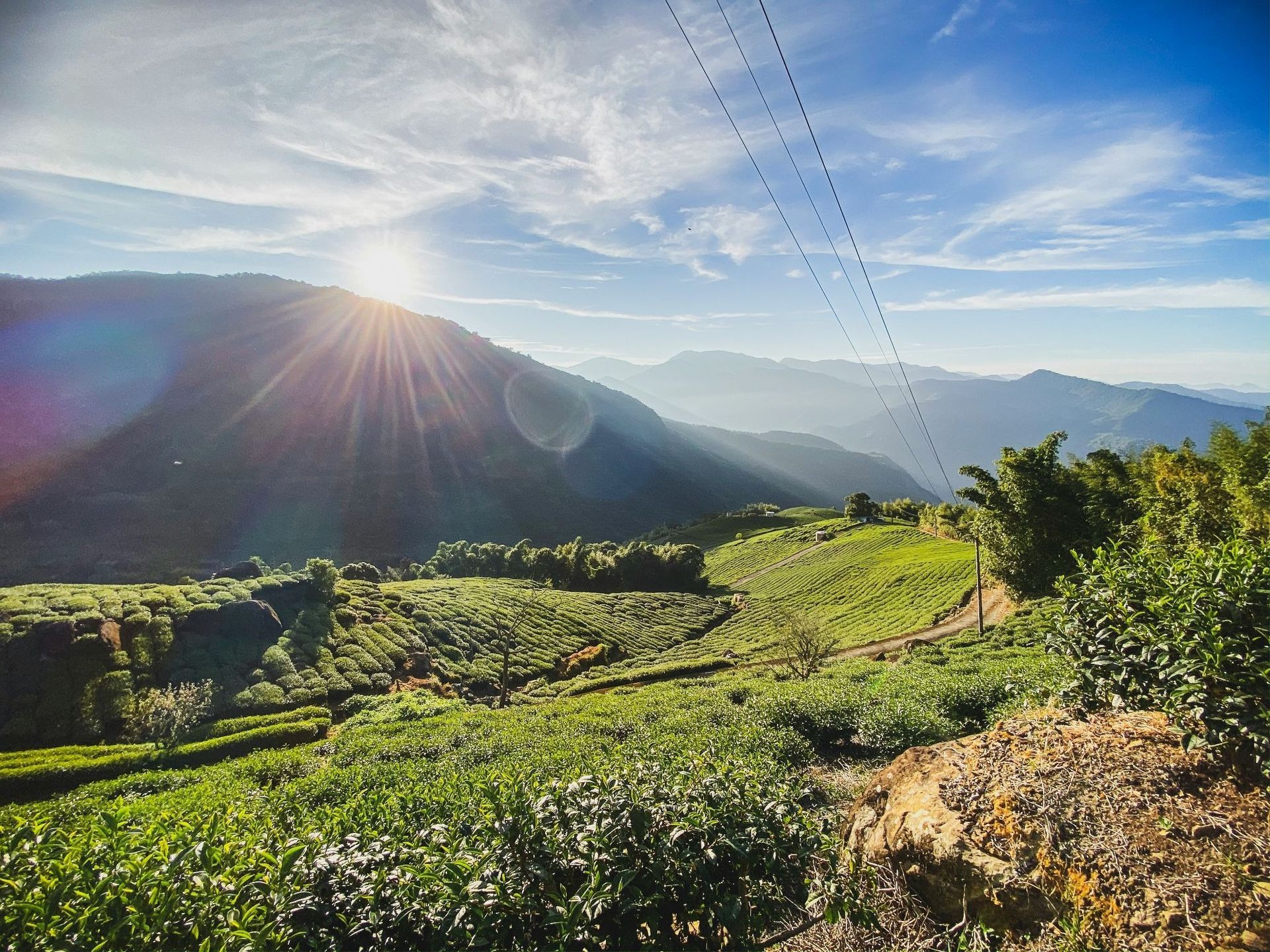 Sunlit terraced green hills with distant mountains under a bright blue sky