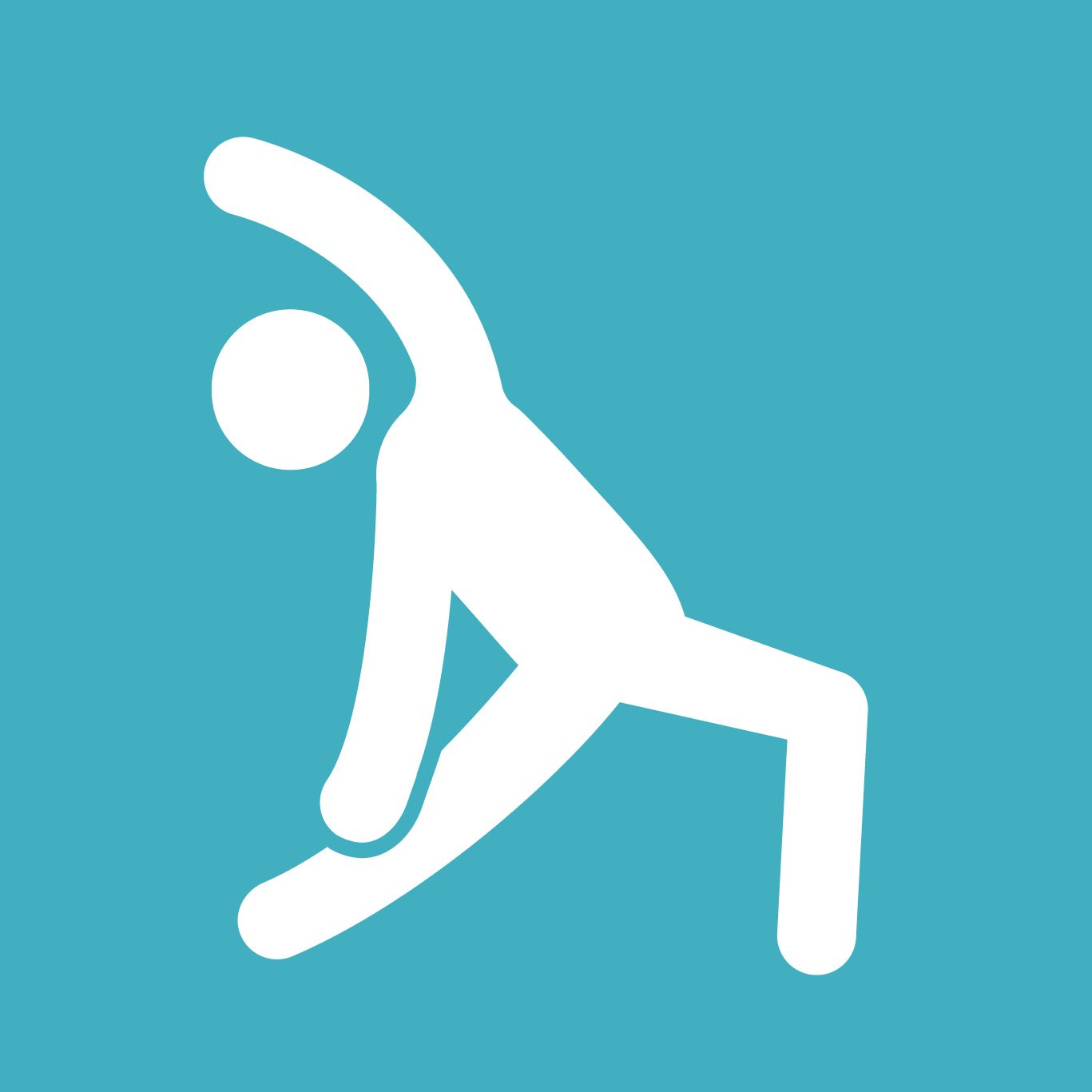 A white icon of a person stretching on a blue background