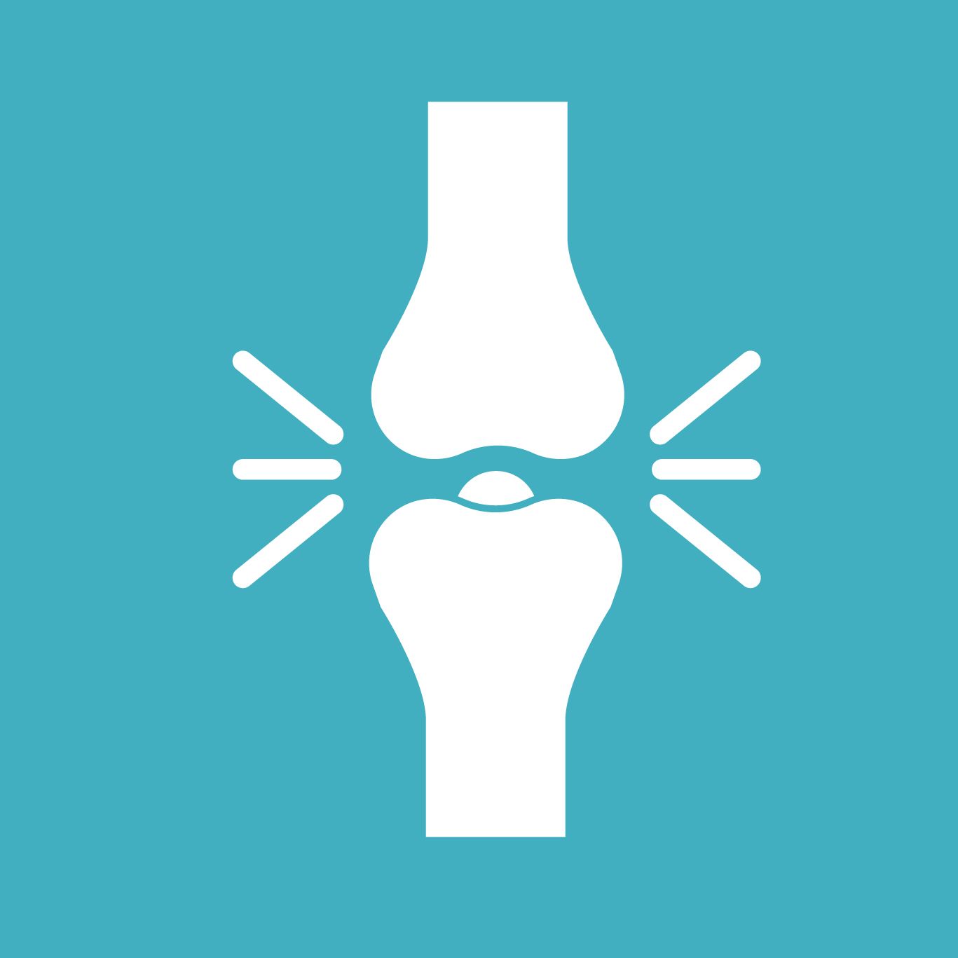 A white icon of a knee joint on a blue background.