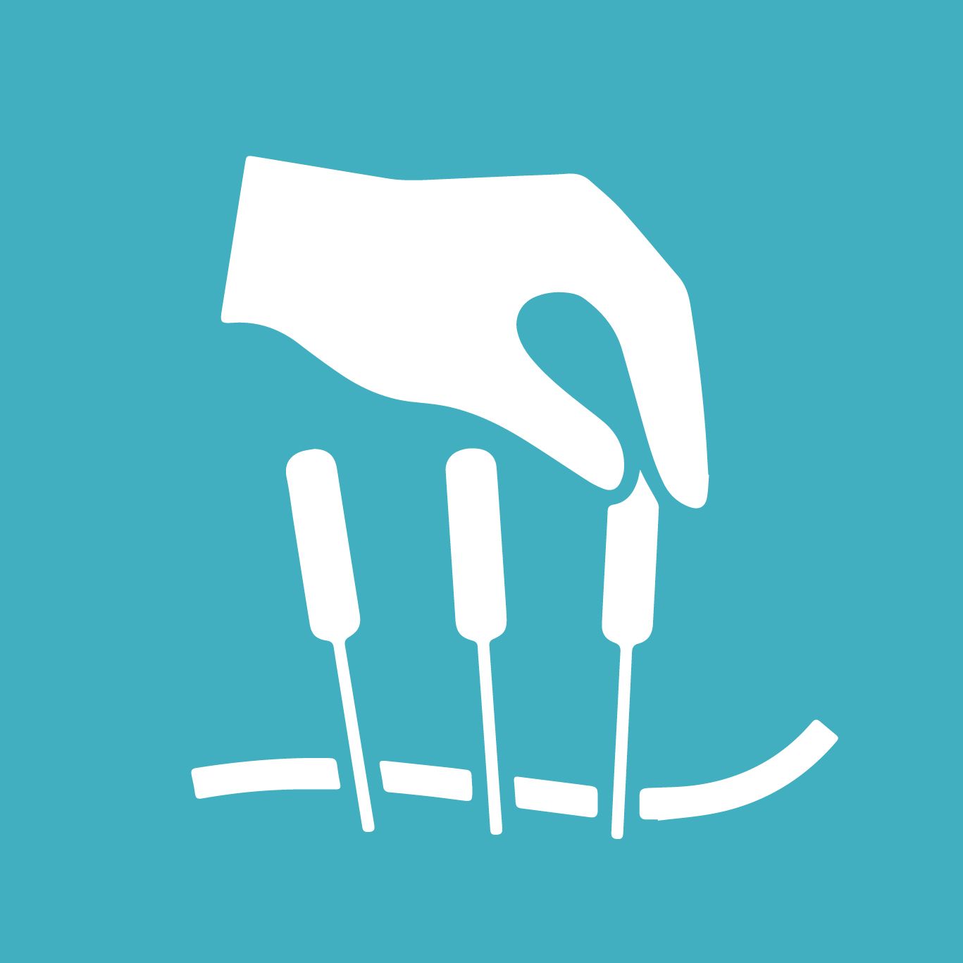 A hand is holding three needles on a blue background.