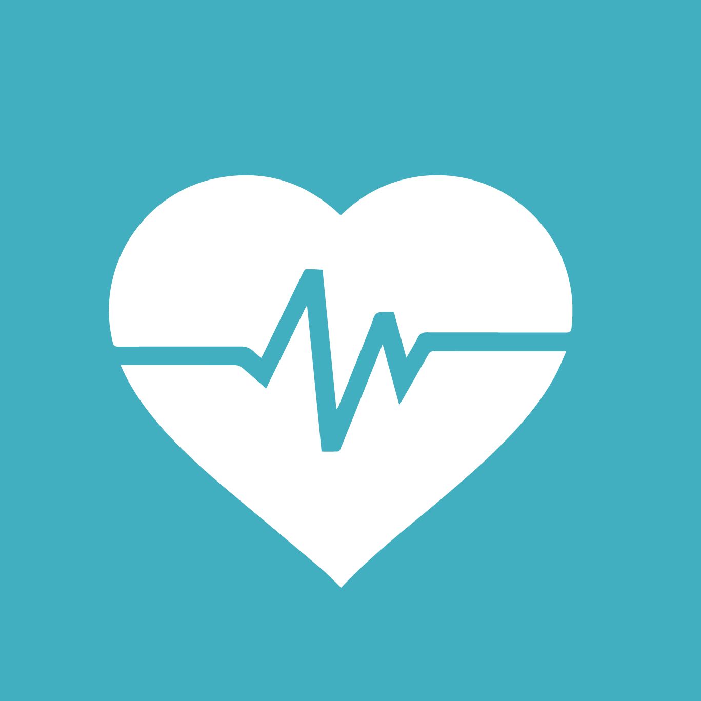 A white heart with a heartbeat line inside of it on a blue background.