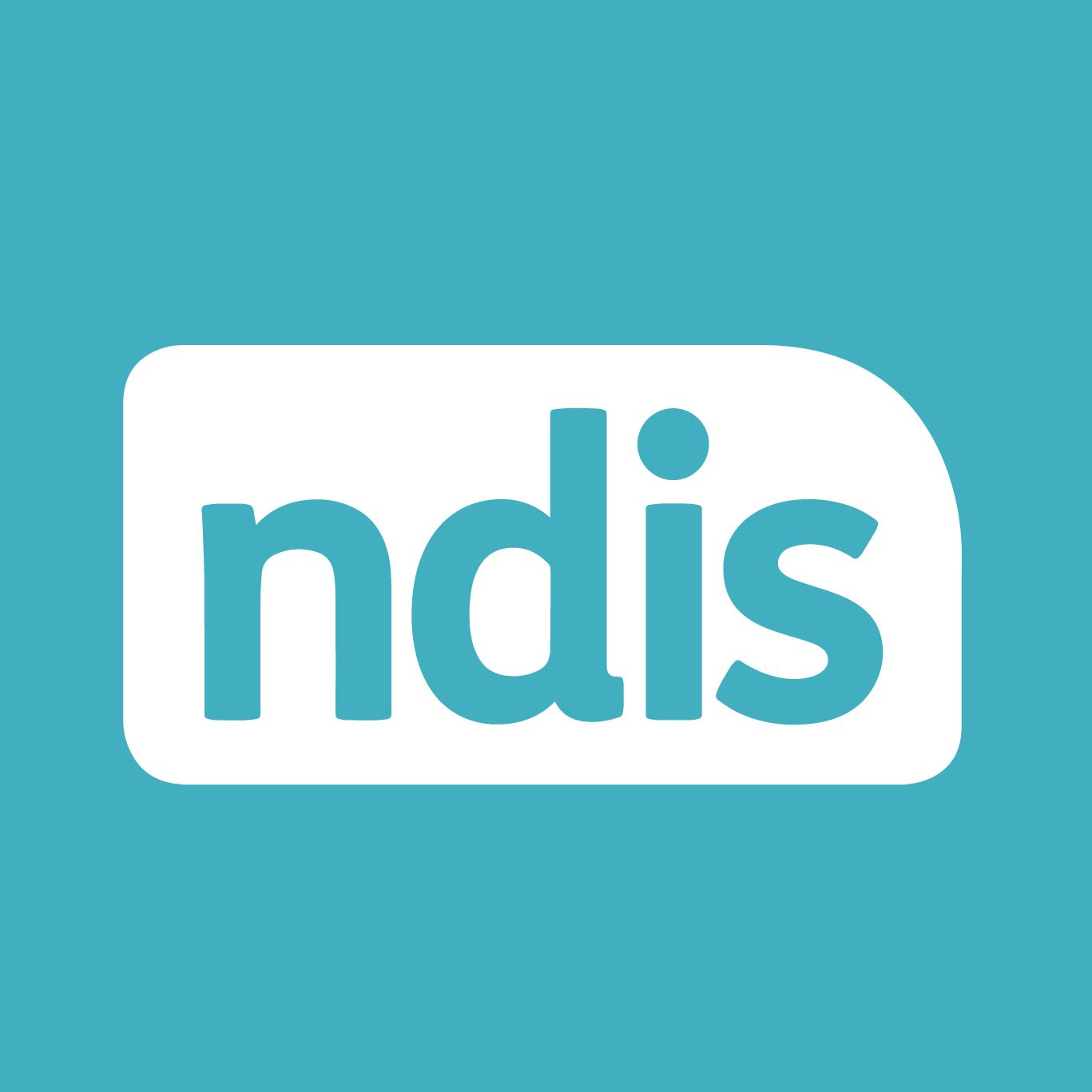 A blue and white logo for ndis on a blue background