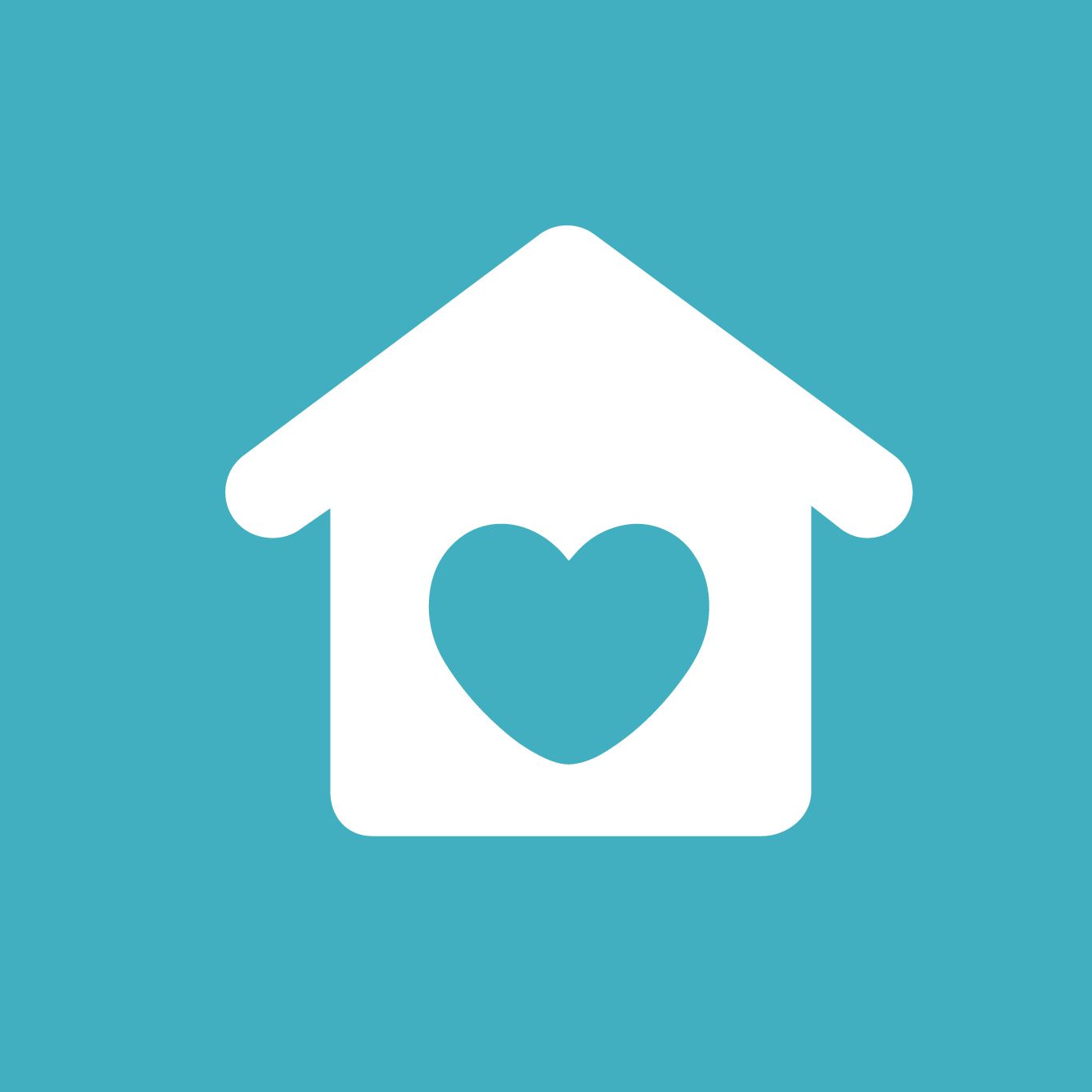 A white house with a heart in the middle on a blue background.