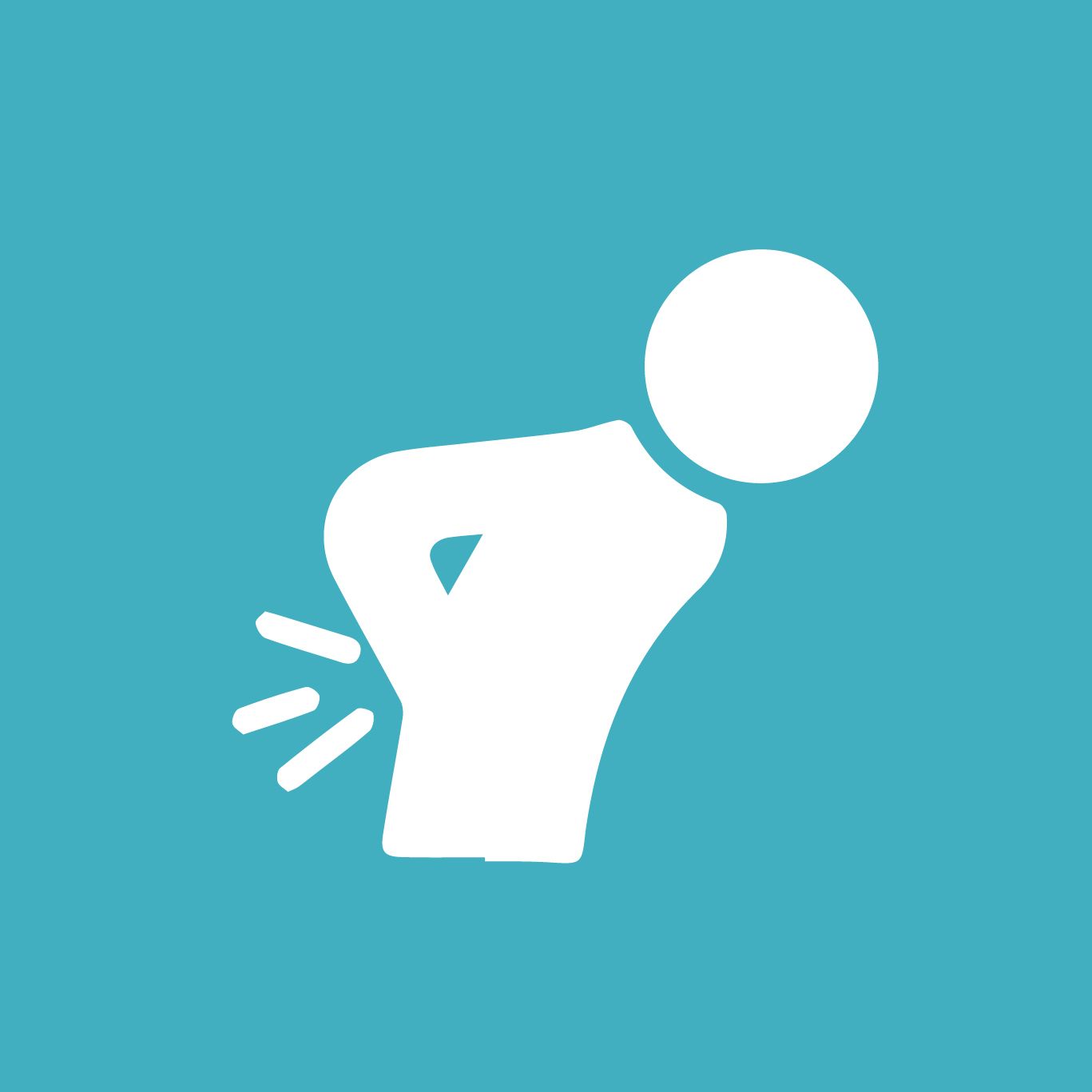A white icon of a person with back pain on a blue background.