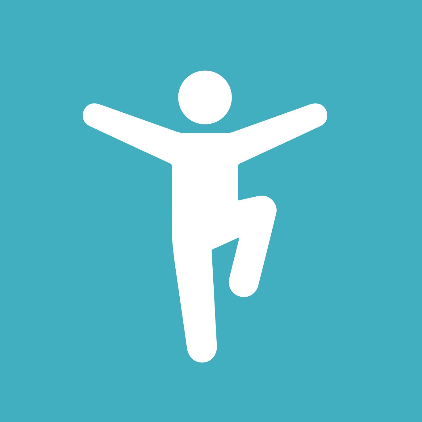 A white icon of a person with their arms outstretched on a blue background.