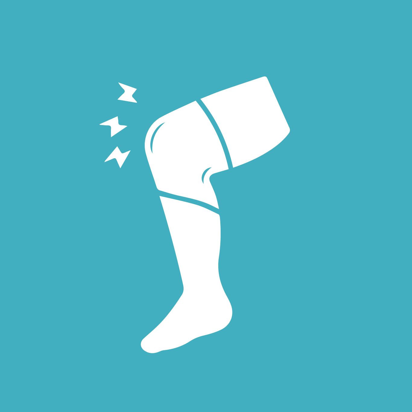 A white knee with strapping icon on a blue background.