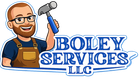 Smiling man with hammer, "BOLEY SERVICES LLC" logo. Man wearing glasses, holding hammer. Blue and brown colors.