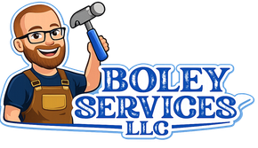 Smiling man with hammer, "BOLEY SERVICES LLC" logo. Man wearing glasses, holding hammer. Blue and brown colors.