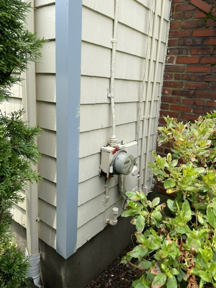 Gas meter mounted on the exterior wall of a building with white siding, near greenery and a brick wall.