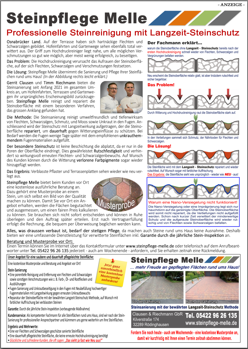 Steinreinigung für Terrasse, Pflaster und Einfahrt im Kreis Herford & Osnabrücker Land. Gründliche Reinigung mit professionellem Langzeit-Steinschutz.