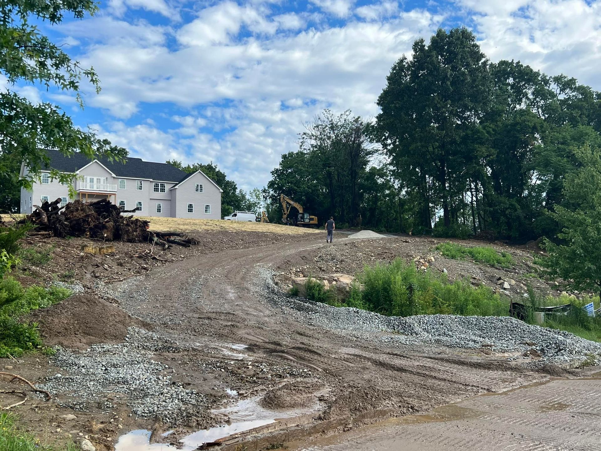 A construction site with a new house, an excavator, dirt mounds, and gravel under a cloudy blue sky.