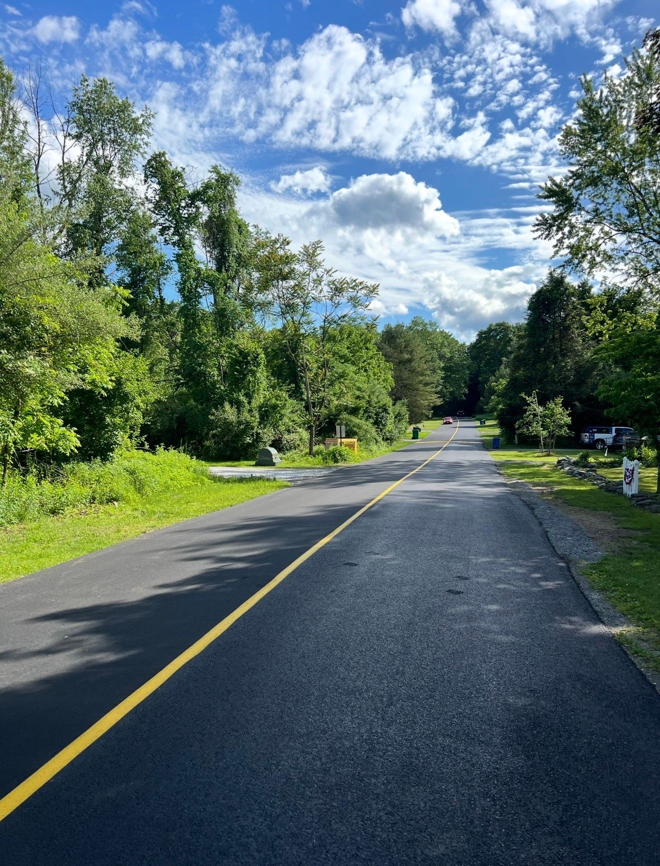 A paved trail with a yellow center line stretches forward, flanked by dense green trees under a blue, cloudy sky.