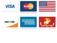 Accepted payment methods: Visa, Mastercard, American Express, and Discover, alongside the US and Marine Corps flags.
